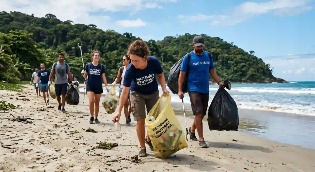 A group of volunteers cleans a sandy beach, collecting trash in large bags. They smile and focus on preserving the natural beauty, with lush greenery and ocean in the background.
