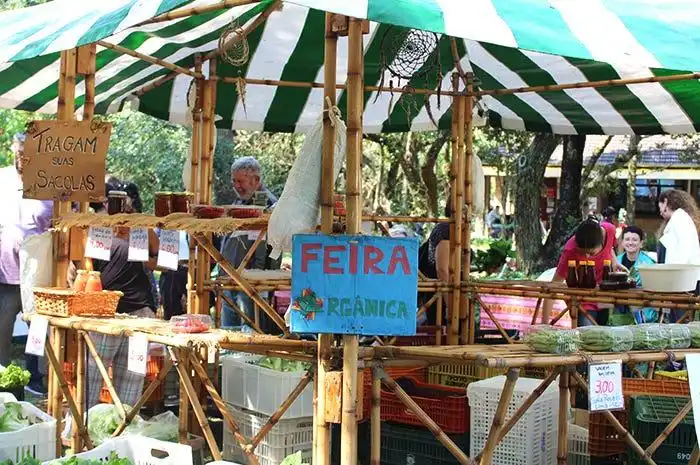Outdoor organic market stall with a green-striped canopy. Baskets of produce are displayed. Signs in Portuguese, shoppers browse. Vibrant, lively atmosphere.