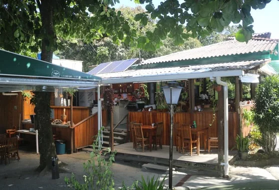 A cozy outdoor cafe with wooden seating under leafy trees, solar panels on the roof, and lush greenery surrounding the area.