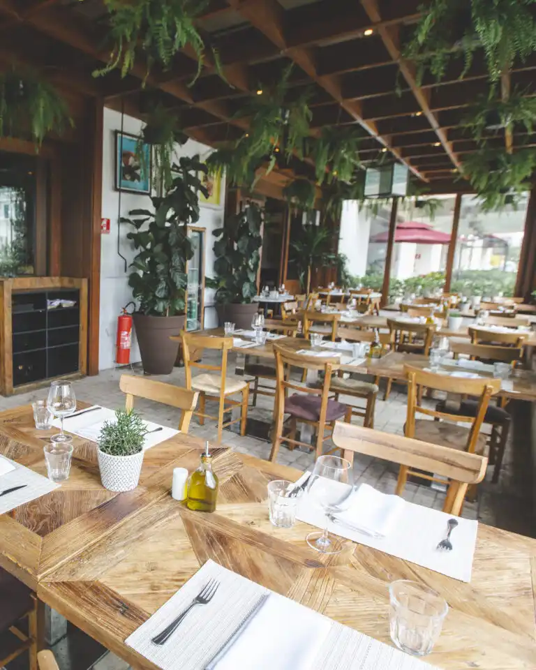 A cozy restaurant with wooden tables, chairs, and lush green plants hanging from the ceiling, creating a warm, inviting atmosphere.