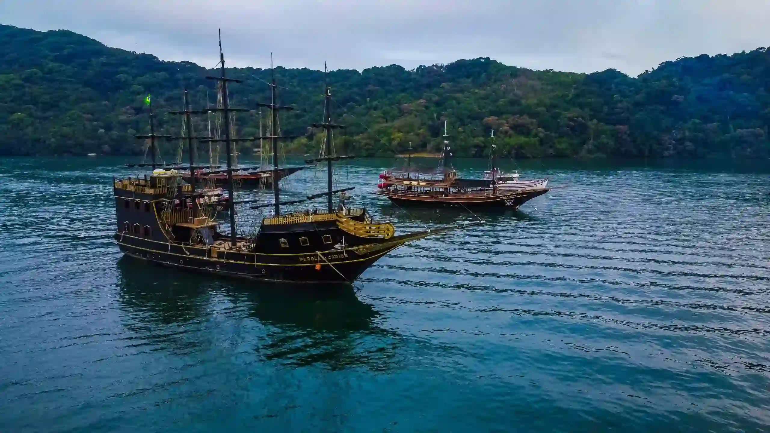 Three large wooden sailing ships with multiple masts are anchored on calm water near a forested shoreline under a cloudy sky.