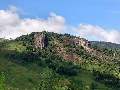 A landscape view of a gently sloping green hill covered in grass and scattered trees, featuring a large, rugged exposed rock face jutting out from the side. The scene is set against a bright blue sky filled with fluffy white clouds.