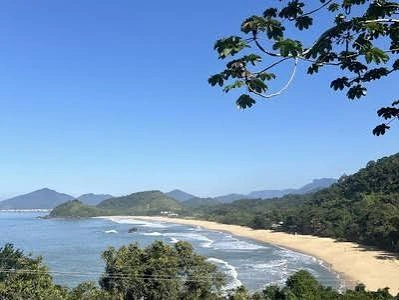A wide, scenic landscape view looking down at a sweeping sandy beach, rolling ocean waves, lush green coastal hills, and a distant mountain range under a clear, bright blue sky, framed by tree branches in the foreground.