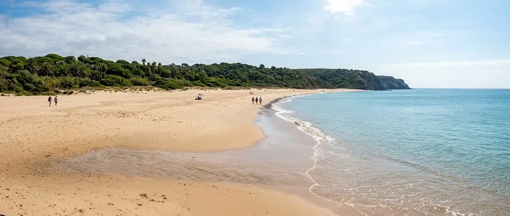 A wide, sweeping sandy beach curving along a calm blue ocean, with green, forested hills in the background and a few people walking under a partly cloudy sky.