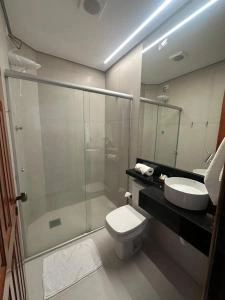 Interior view of a modern bathroom featuring a glass-enclosed shower, white toilet, vessel sink on a dark counter, and bright linear ceiling lighting.