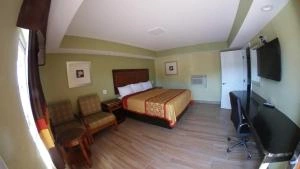 Wide-angle interior view of a hotel room with a king bed, red and tan bedding, a desk area, and two green armchairs, featuring green walls and wood floors.