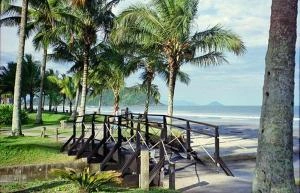 A wooden boardwalk leading through lush palm trees toward a sandy beach and ocean with mountains in the distance under a cloudy sky.