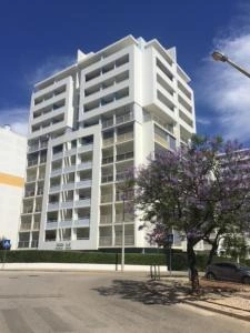 Exterior view of a modern white multi-story apartment building with balconies, featuring a purple flowering tree and a parked car in the foreground.