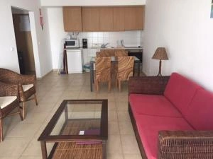 Open-concept apartment layout showing a red sofa, glass coffee table, wicker chairs, and a compact kitchenette with wood cabinets in the back.
