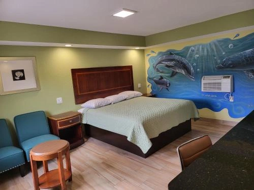 Hotel room featuring a bed with a light green bedspread, wooden headboard, and a large colorful wall mural depicting a dolphin and fish in the ocean.