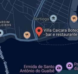 Map showing Villa Caicara Boteco restaurant location on the coast of Bertioga, São Paulo, Brazil.