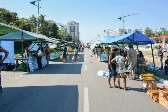 A sunny outdoor street market featuring blue and white tents set up alongside a paved road, with apartment buildings visible in the background.