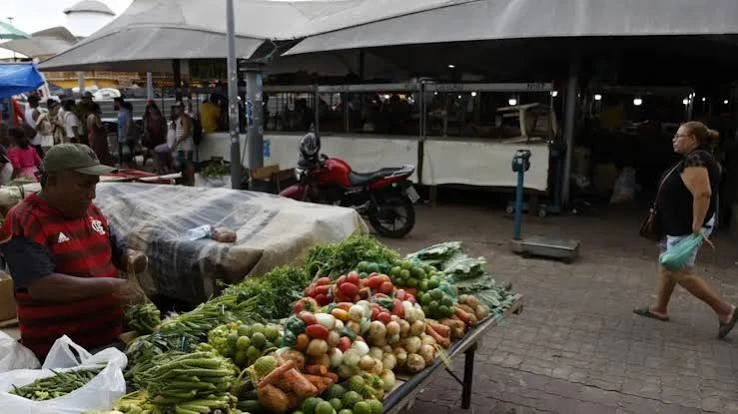 A street vendor in a red and black striped shirt organizing fresh, green leafy vegetables, tomatoes, and citrus fruits at a shaded outdoor market stand.