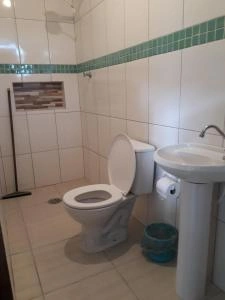 Clean, modern bathroom featuring white wall tiles, a green decorative strip, toilet, pedestal sink, and a blue trash bin.