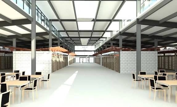 A 3D architectural render showing a spacious, brightly lit market interior featuring glass ceilings, gray steel columns, white brick walls, and wooden vendor stalls.